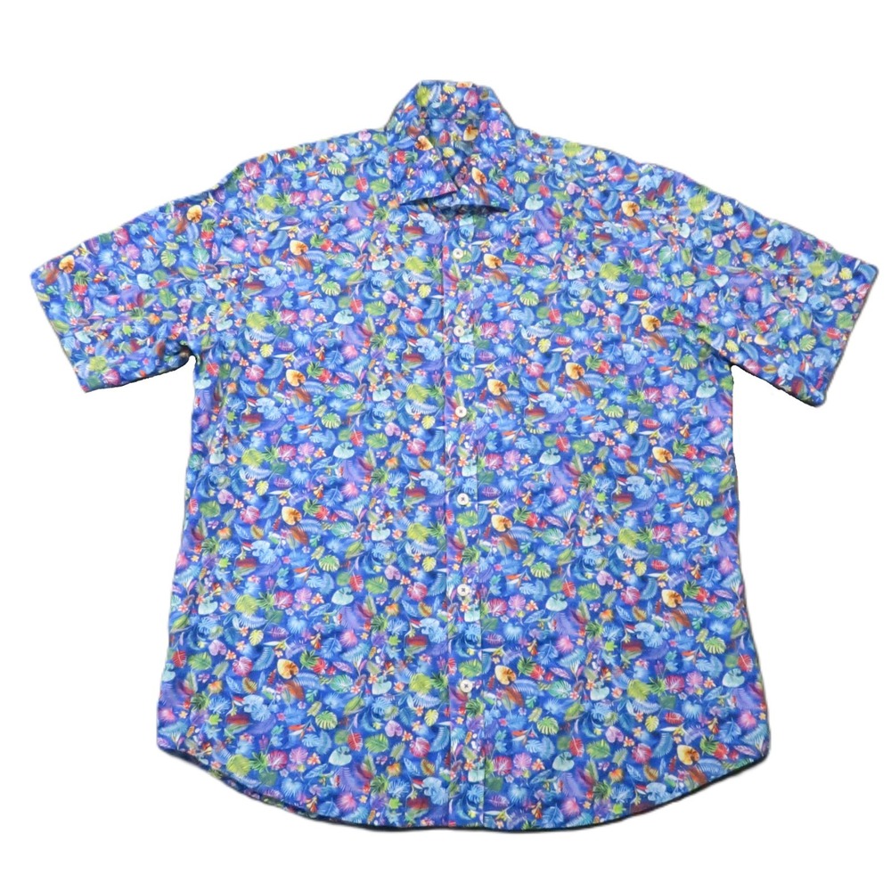 Alan Flusser Shirt L Blue Floral Cotton Tropical Island Resort Vacation Cruise
